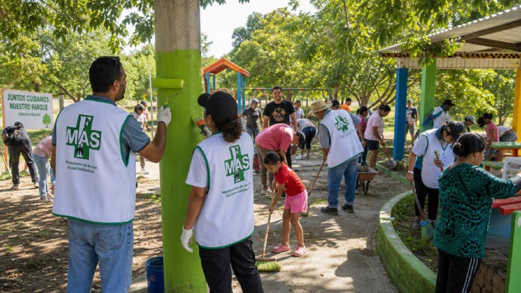 Voluntarios limpiando y pintando un parque comunitario en jornada de recuperación ambiental