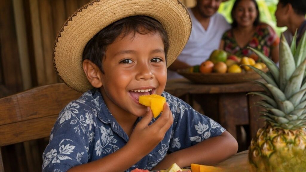 Niño panameño comiendo frutas frescas con su familia en un ambiente cálido y saludable