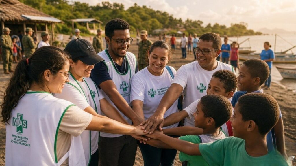 Manos diversas unidas en círculo representando voluntariado y trabajo comunitario