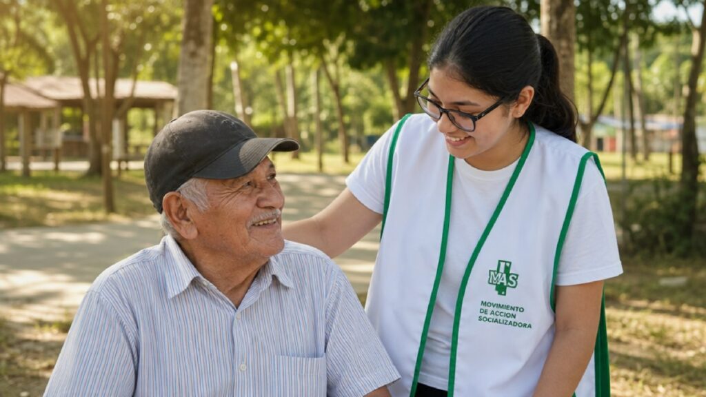Adulto mayor conversando con un voluntario en un parque, mostrando acompañamiento y respeto