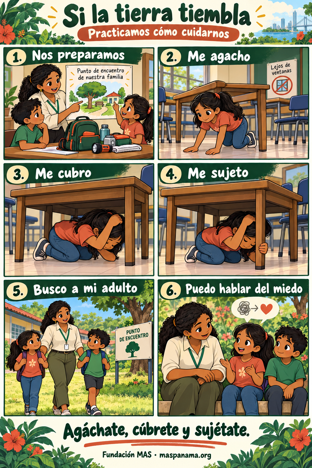 Historieta: una familia se prepara; una niña se agacha, se cubre bajo una mesa resistente y sujeta una pata; después busca a su adulto y conversa sobre el miedo.