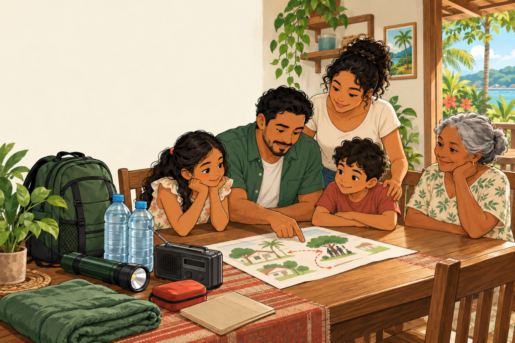 Ilustración de una familia preparando su plan ante sismos: conversan alrededor de una mesa con un mapa de encuentro, agua, linterna, radio, botiquín y mochila.